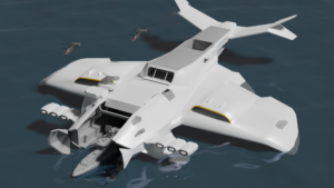 Render of a very large ekranoplan. A ship emerges from the front, helicopers fly above it
