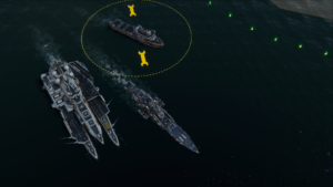 Three ships with trailing wakes. One in the back has a repair area indicator.